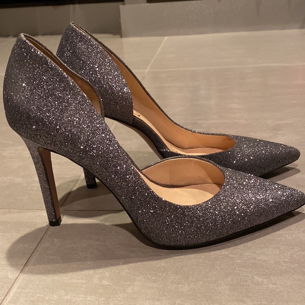 Jessica Simpson Sparkle Silver Gray Pewter Pointed Toe Stilletos Heels Sโฆ